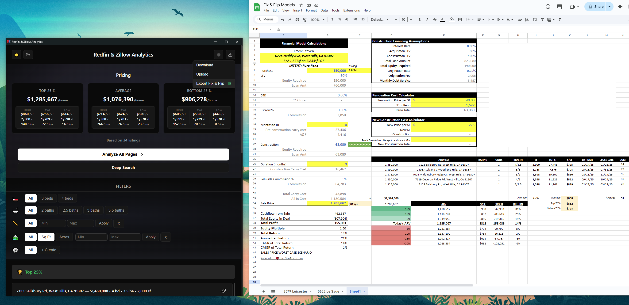 Export to a pre-filled fix & flip financial model spreadsheet